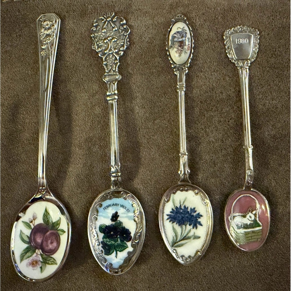 4 Painted Enamel Silver Plated Souvenir Spoons Fruit Flowers Easter 4.25"-5"